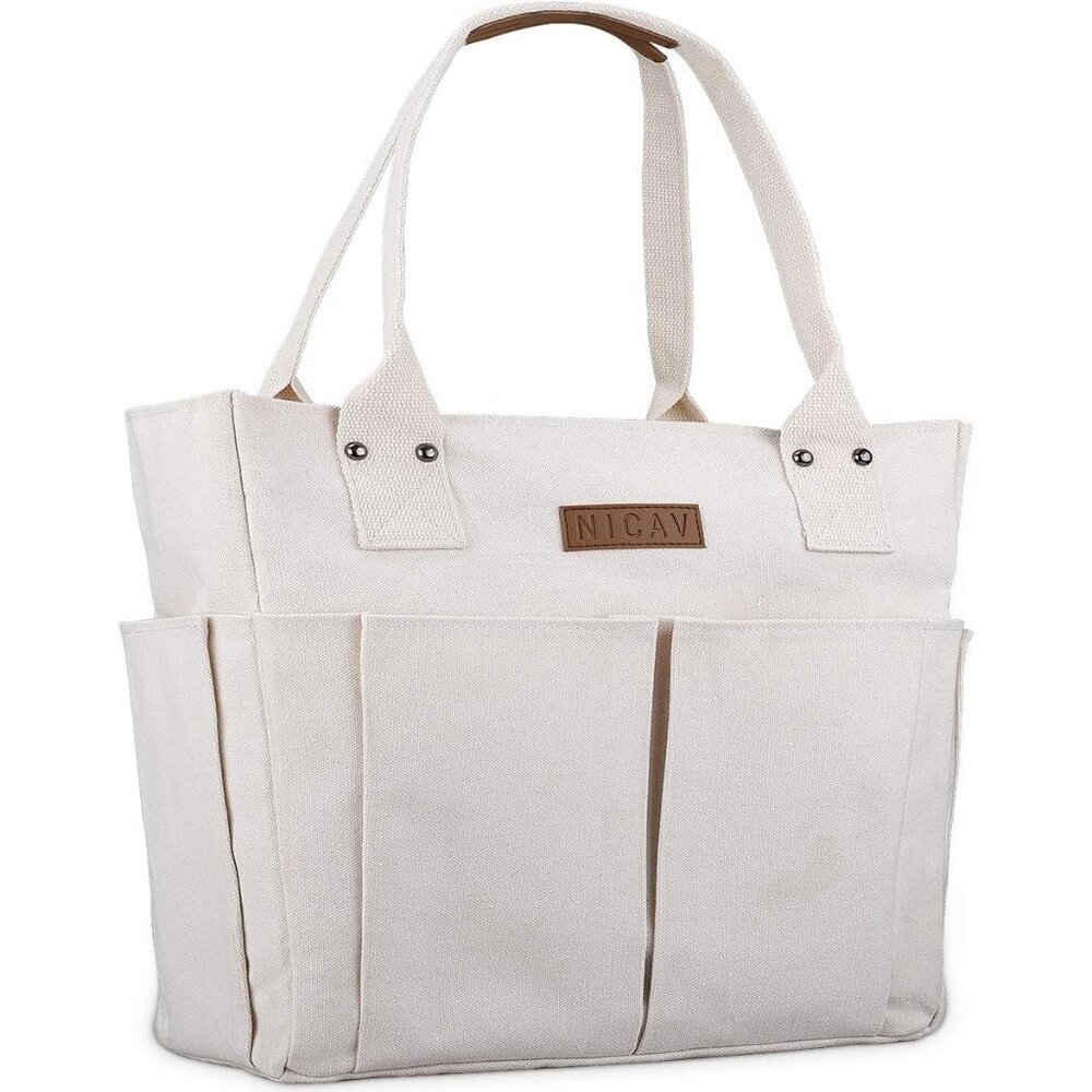 Women's White Tote Bags Large Utility Bags with Pockets Zip for Teacher Work